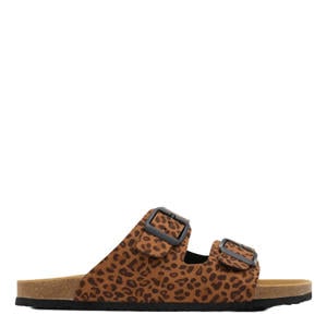 slippers met panterprint cognac/zwart