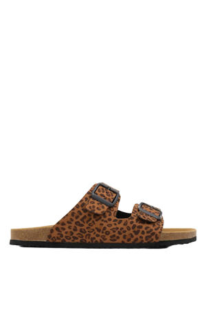 slippers met panterprint cognac/zwart