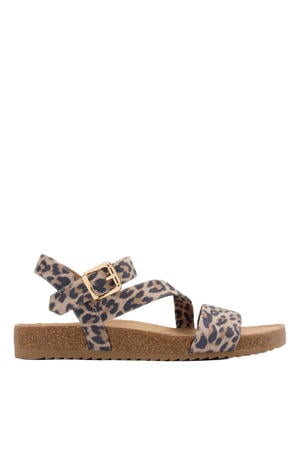 suède sandalen met panterprint beige/zwart