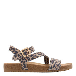 suède sandalen met panterprint beige/zwart