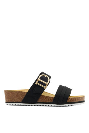imitatieleren slippers met sleehak - zwart