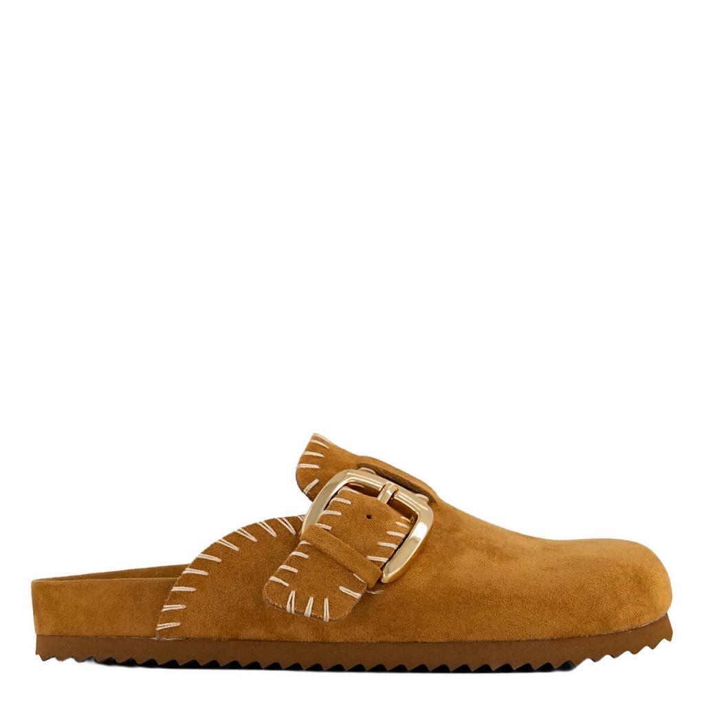 Cognackleurige dames Graceland suède clogs met siergesp