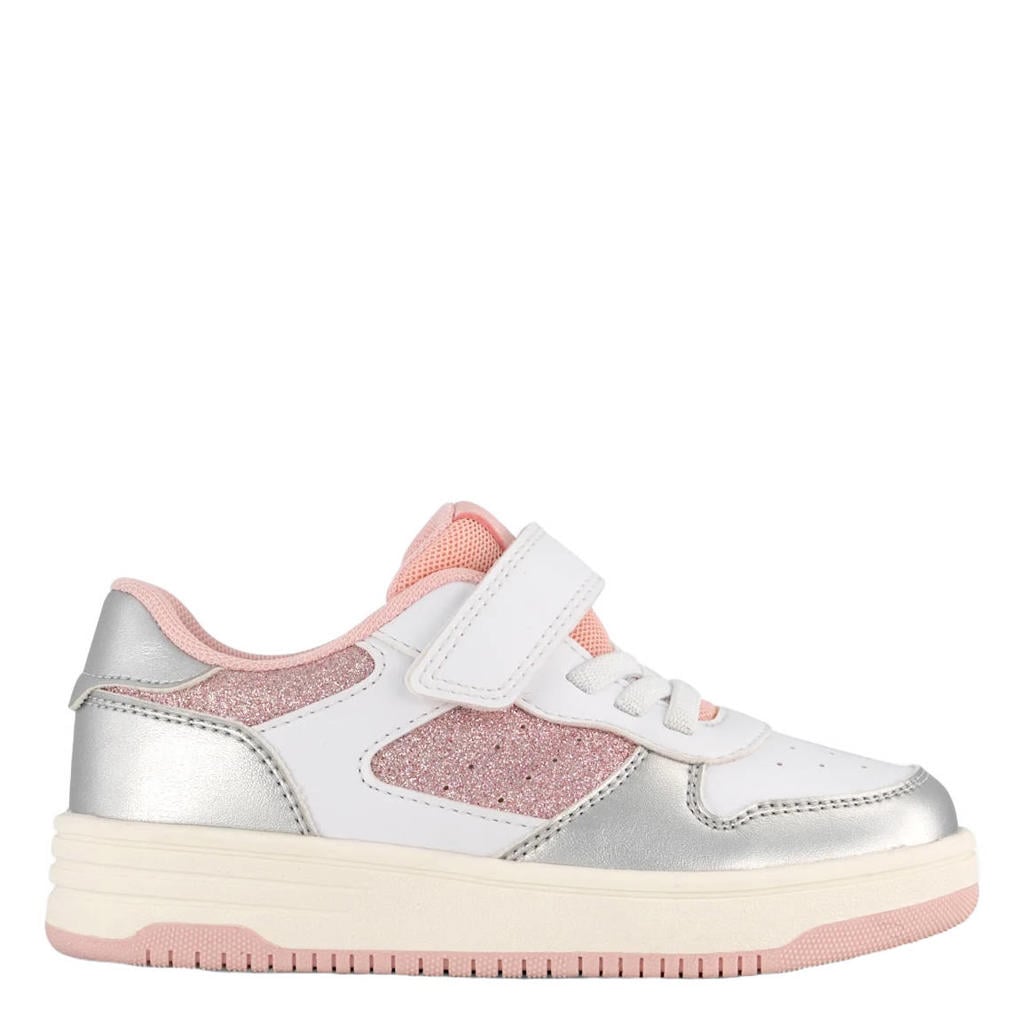Zilver en lichtroze meisjes Graceland leren sneakers van imitatieleer met elastische veter- met klittenbandsluiting