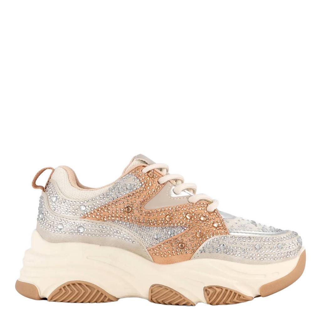 Grijs en zalmkleurige meisjes Graceland sneakers diamantjes van imitatieleer/synthetisch met veters