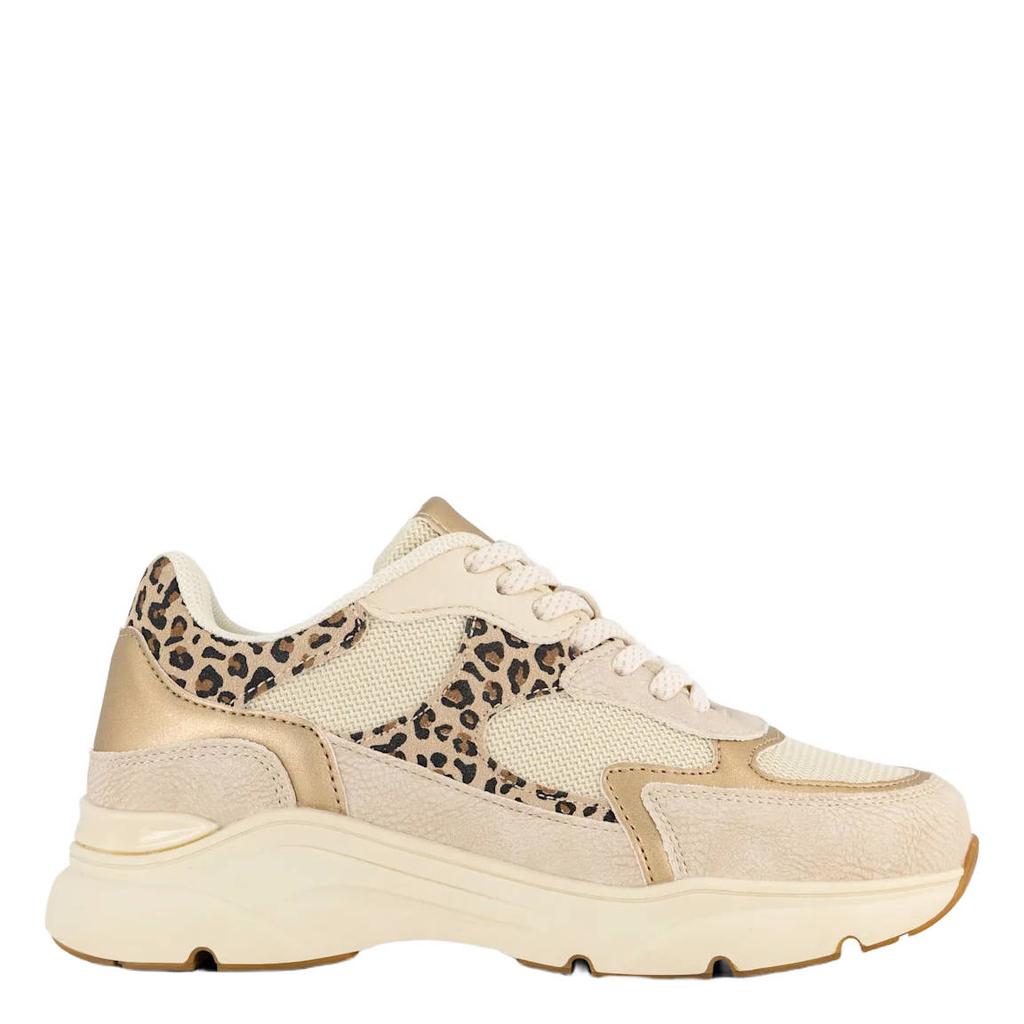 Beige meisjes Graceland chunky leren sneakers panter met veters