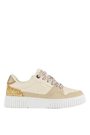 leren sneakers met glitters beige/goud
