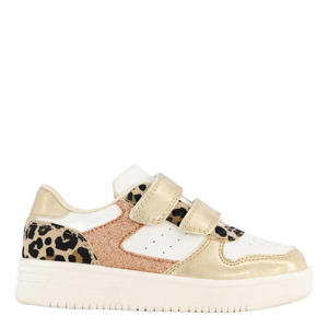 leren sneakers beige/panter/roze glitter