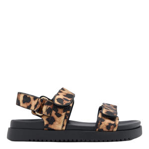 leren sandalen met panterprint cognac/zwart