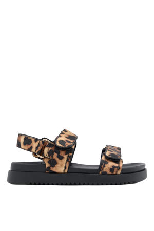leren sandalen met panterprint cognac/zwart