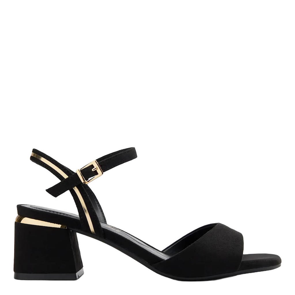 Zwart en gouden dames Graceland sandalen met blokhak van suèdelook met gesp