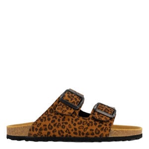 suède slippers met panterprint cognac/zwart