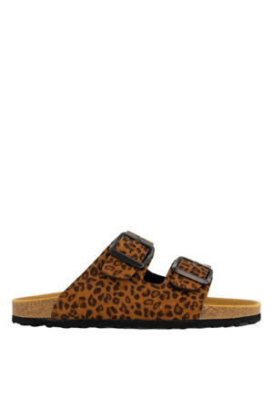 suède slippers met panterprint cognac/zwart