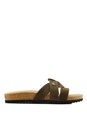 suèdelook slippers - olijfgroen