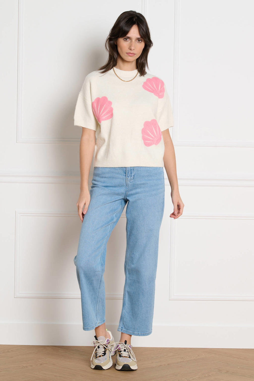 Ecru en roze dames LOLALIZA gebreide trui van polyester met driekwart mouwen, ronde hals en pailletten