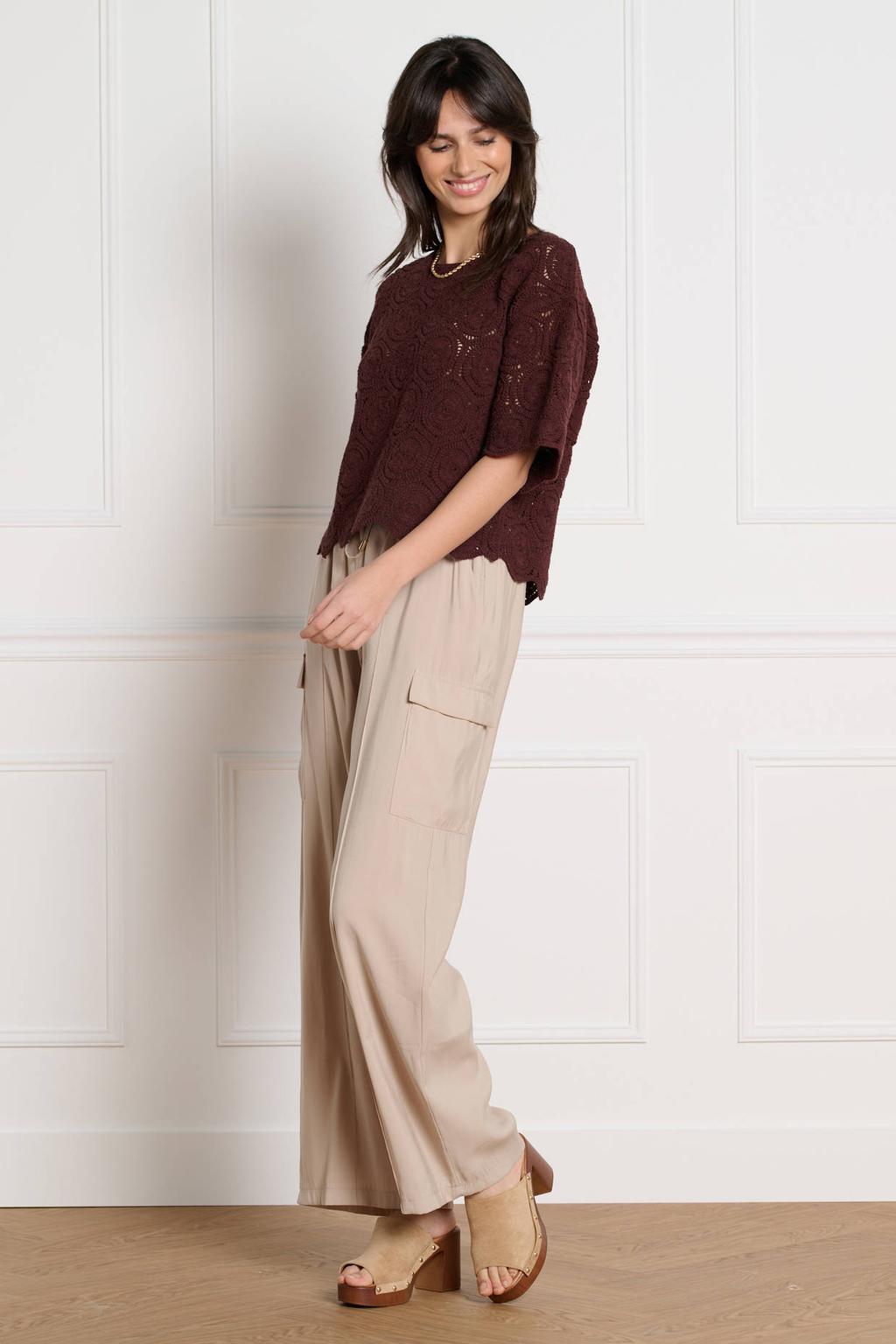 Donkerblauwe dames LOLALIZA top crochet met effen, driekwart mouwen en ronde hals