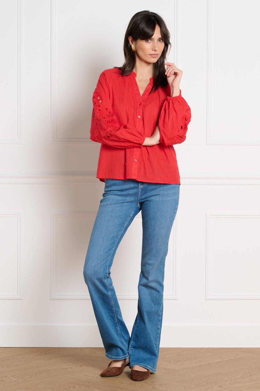 Rode dames LOLALIZA blouse broderie van katoen met effen, lange mouwen, ronde hals en knoopsluiting