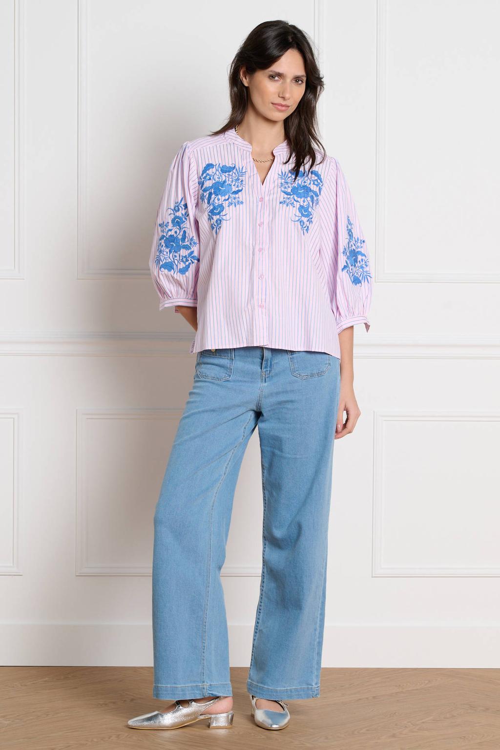Roze en blauwe dames LOLALIZA gestreepte blouse van katoen met driekwart mouwen, ronde hals, knoopsluiting en borduursels