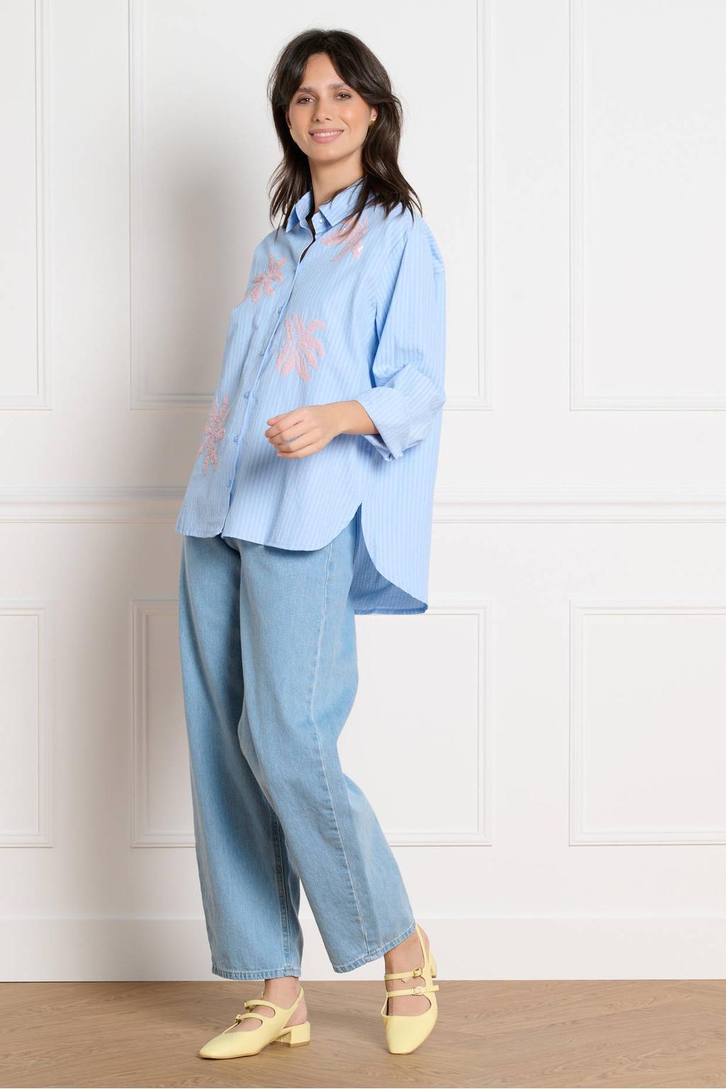 Lichtblauw en ecru dames LOLALIZA gestreepte blouse van polyester met lange mouwen, klassieke kraag, knoopsluiting en pailletten