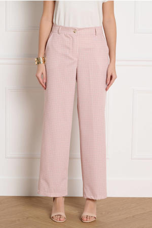 wide leg regular waist broek met pied de poule print roze