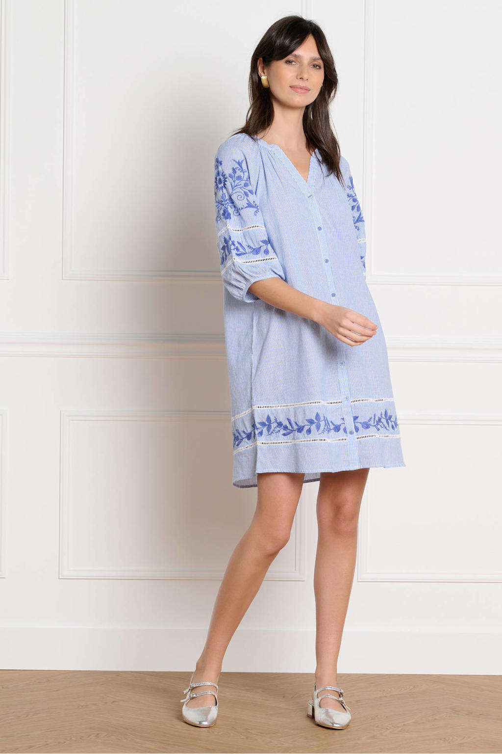 Blauw en witte dames LOLALIZA gestreepte blousejurk broderie van katoen met driekwart mouwen en V-hals