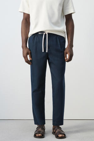 slim casual broek met linnen donkerblauw