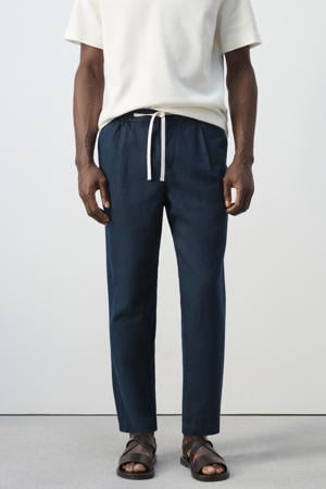slim casual broek met linnen donkerblauw