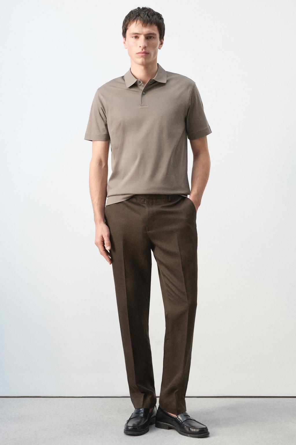 Mango Man slim pantalon met linnen bruin
