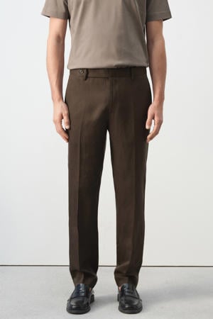 slim pantalon met linnen bruin