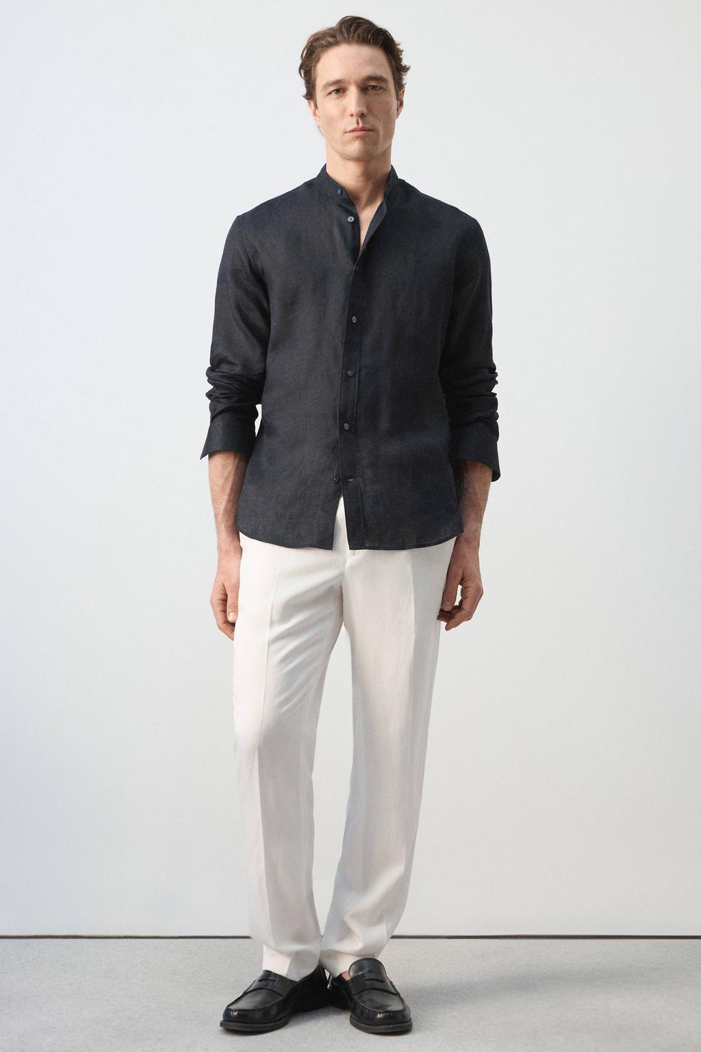 Donkerblauwe heren Mango Man regular casual overhemd van linnen met effen, lange mouwen, mao kraag en knoopsluiting