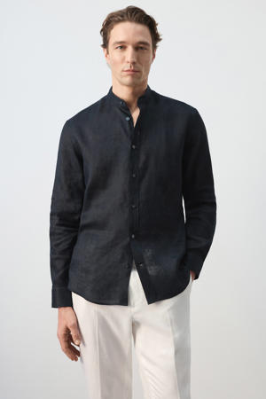 regular casual overhemd met linnen donkerblauw