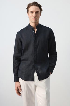 regular casual overhemd met linnen donkerblauw