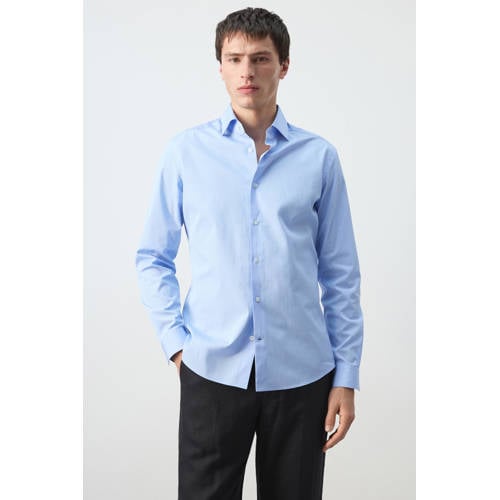 Mango Man slim gestreepte casual overhemd blauw afbeelding