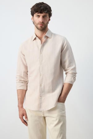slim casual overhemd met linnen met krijtstreep beige
