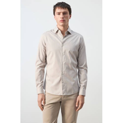 Mango Man slim gestreepte zakelijk overhemd beige afbeelding