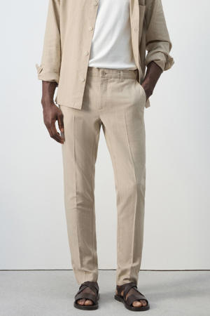 slim casual broek met linnen met krijtstreep beige