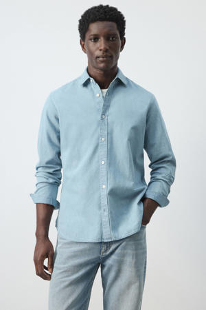 regular casual overhemd met linnen blauw