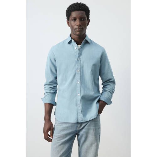 Mango Man regular casual overhemd met linnen blauw afbeelding