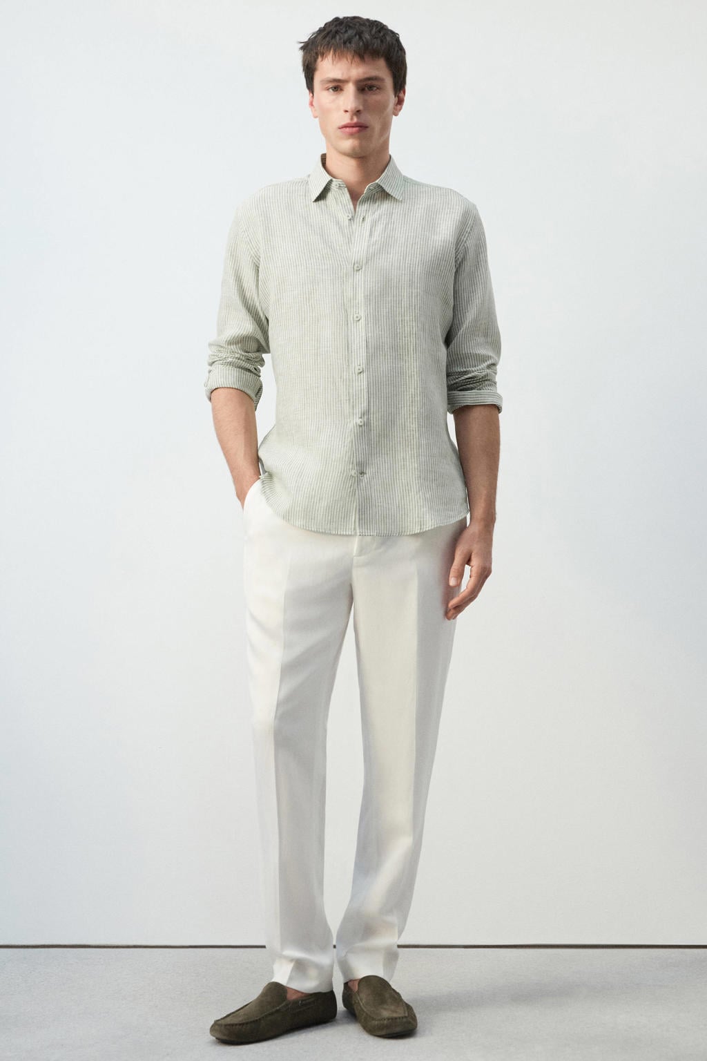 Groene heren Mango Man regular casual overhemd van linnen met strepenprint, lange mouwen, klassieke kraag en knoopsluiting