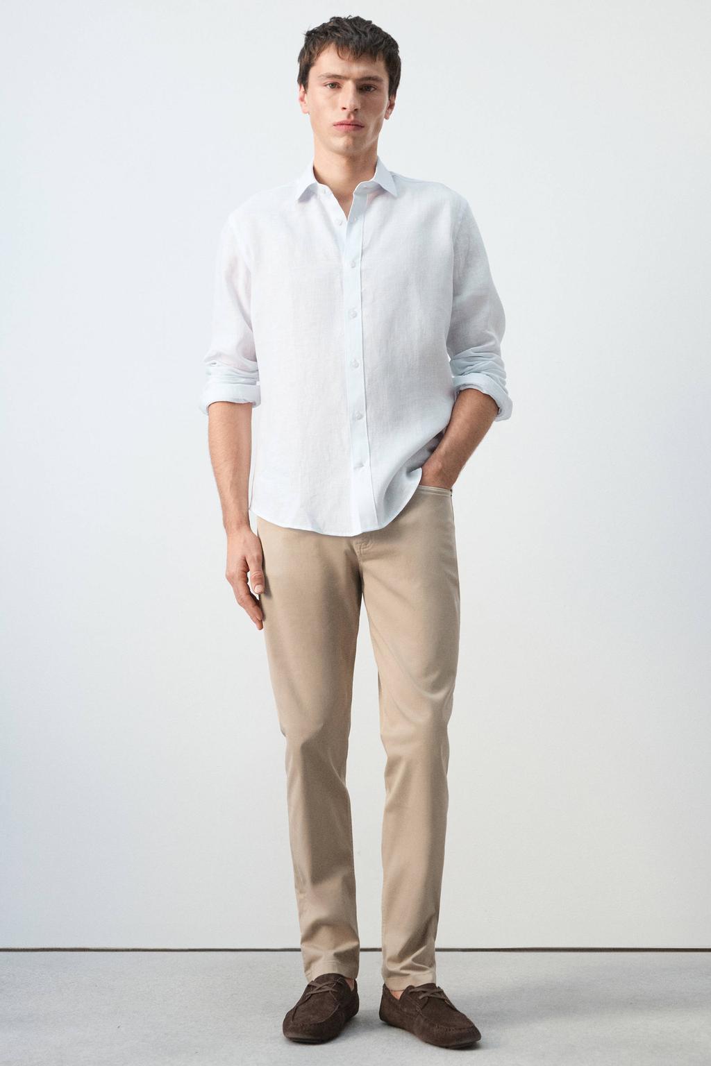 Lichtblauwe heren Mango Man regular casual overhemd van linnen met strepenprint, lange mouwen, klassieke kraag en knoopsluiting