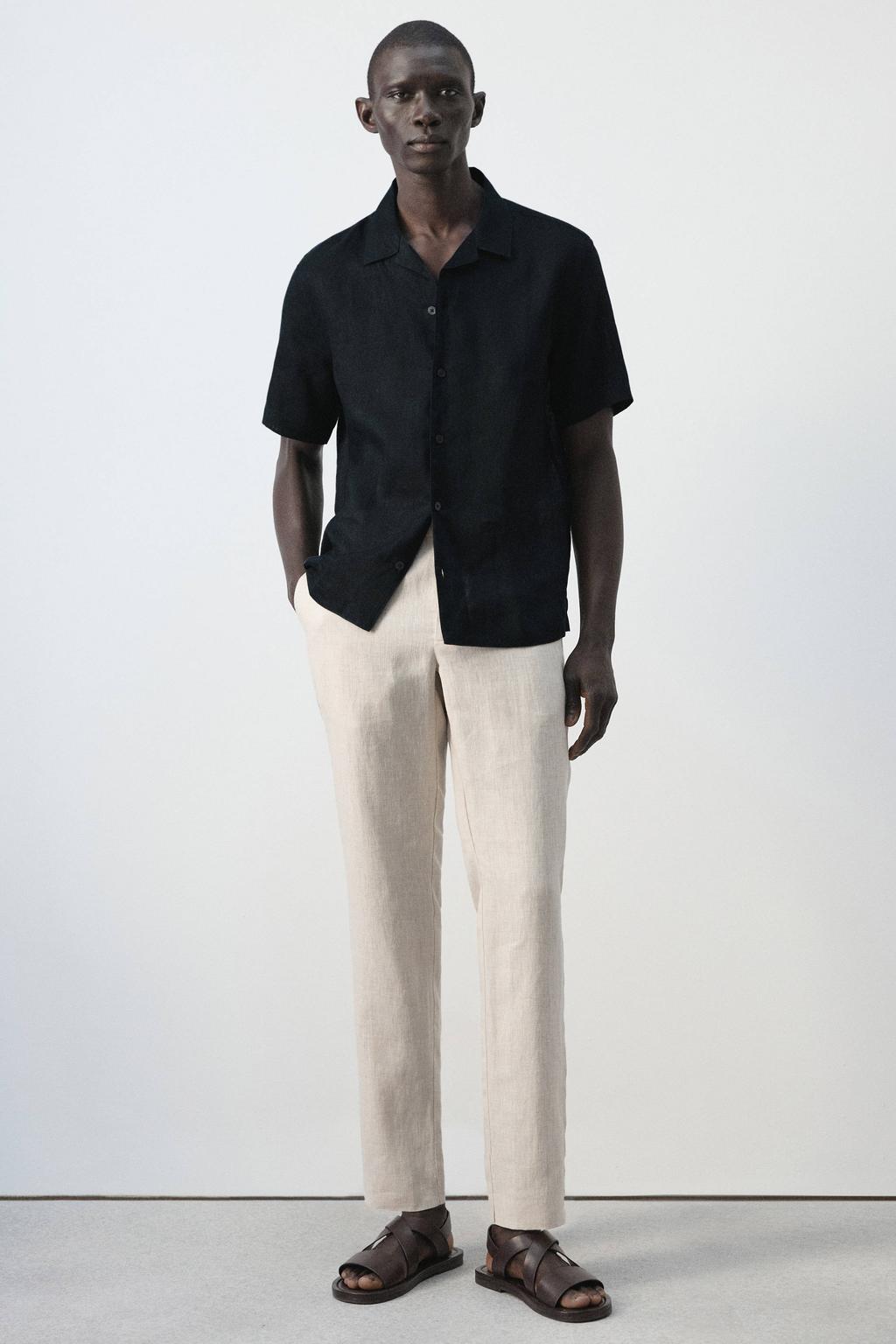 Mango Man slim pantalon met linnen beige