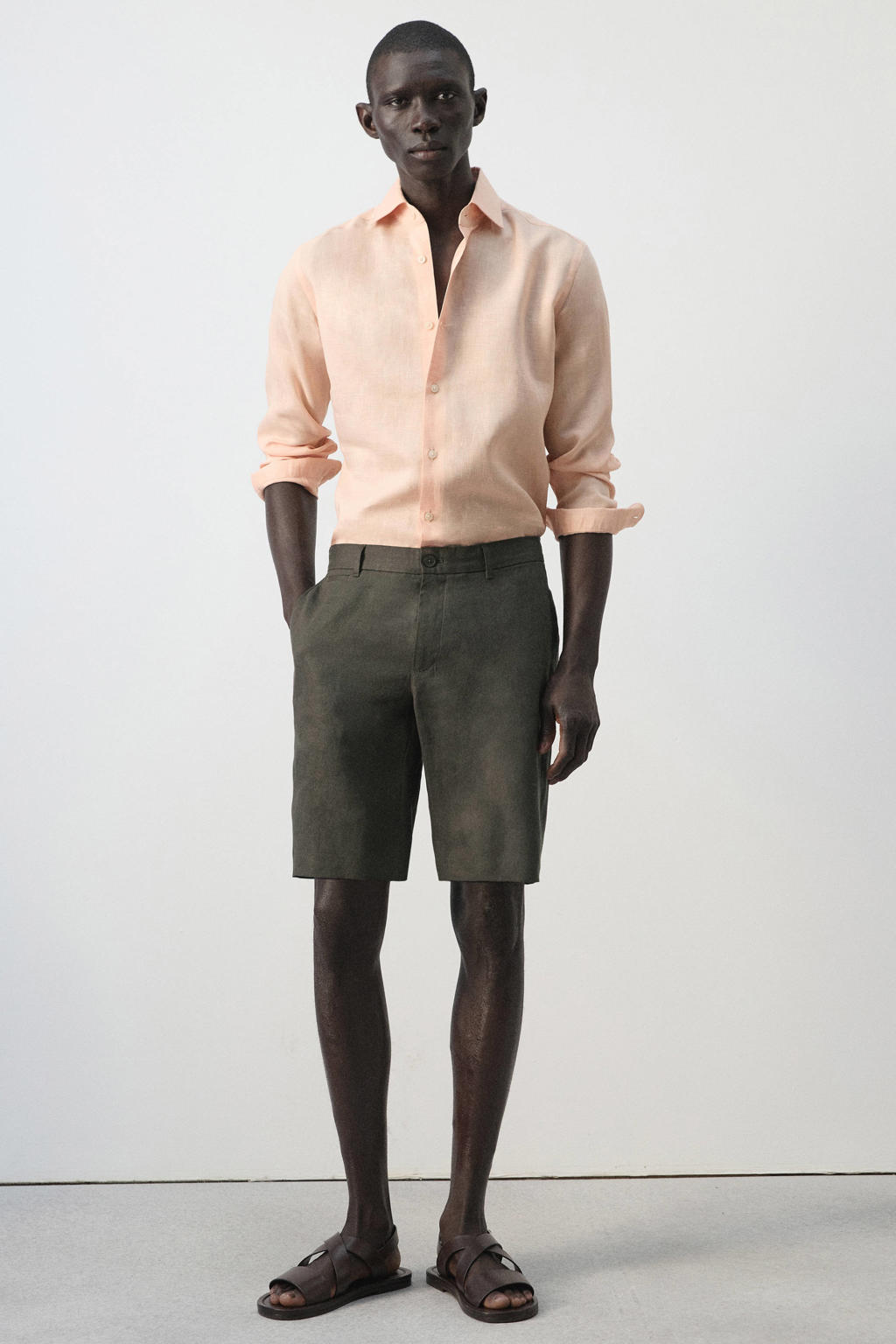 Mango Man slim casual short met linnen donkergroen