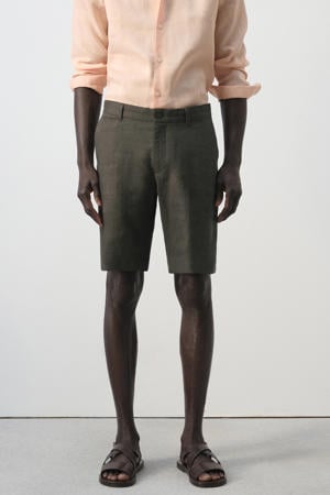 slim casual short met linnen donkergroen