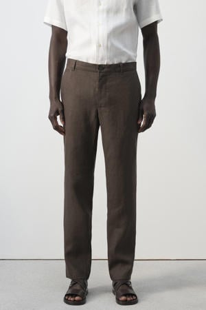 slim pantalon met linnen donkerbruin