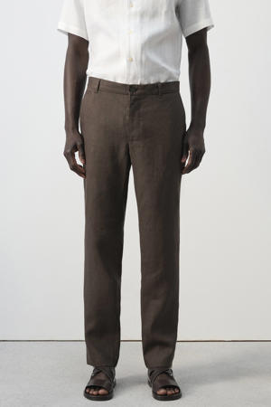 slim pantalon met linnen donkerbruin