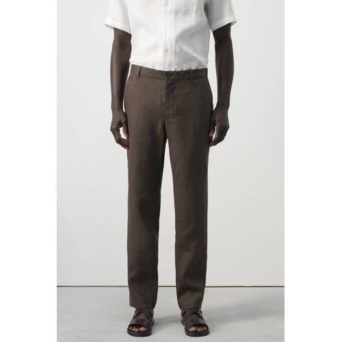 Mango Man slim pantalon met linnen donkerbruin afbeelding