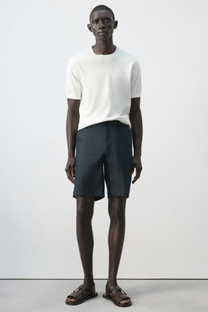 slim casual short met linnen donkerblauw
