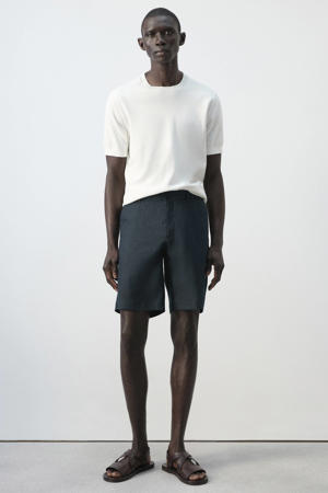 slim casual short met linnen donkerblauw