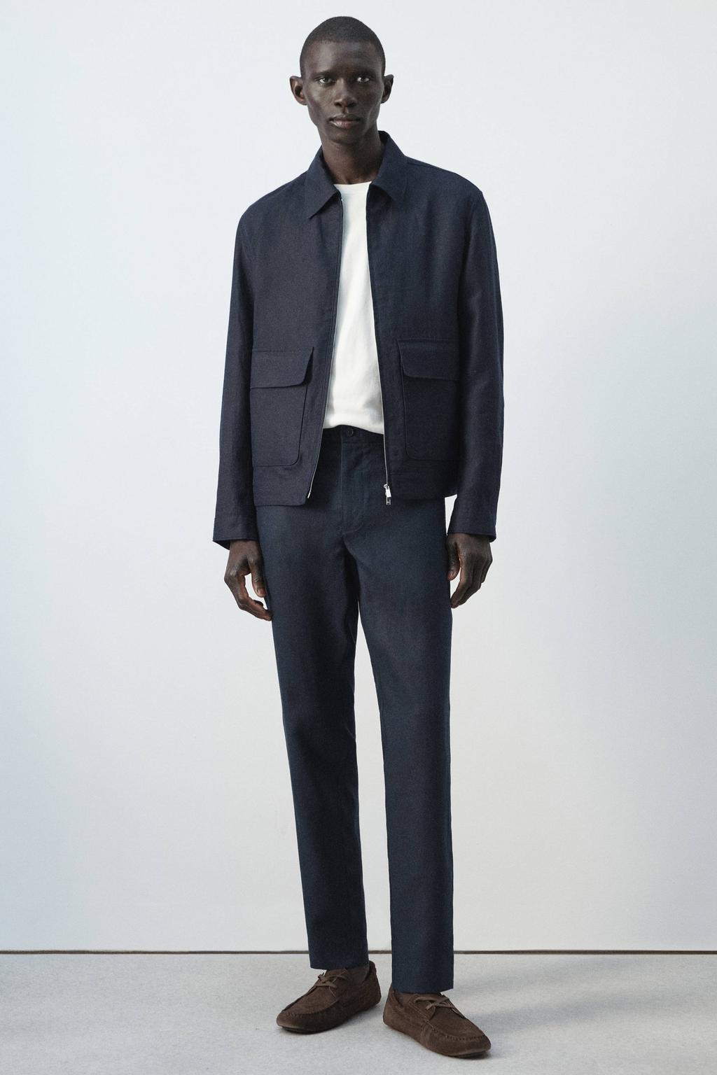 Mango Man slim pantalon met linnen donkerblauw