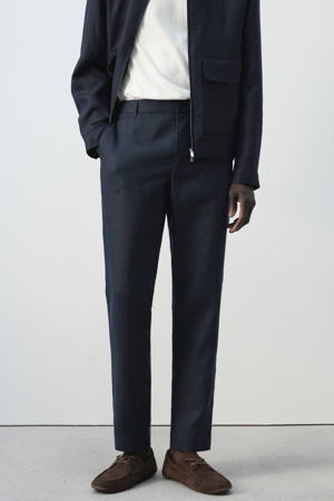 slim pantalon met linnen donkerblauw