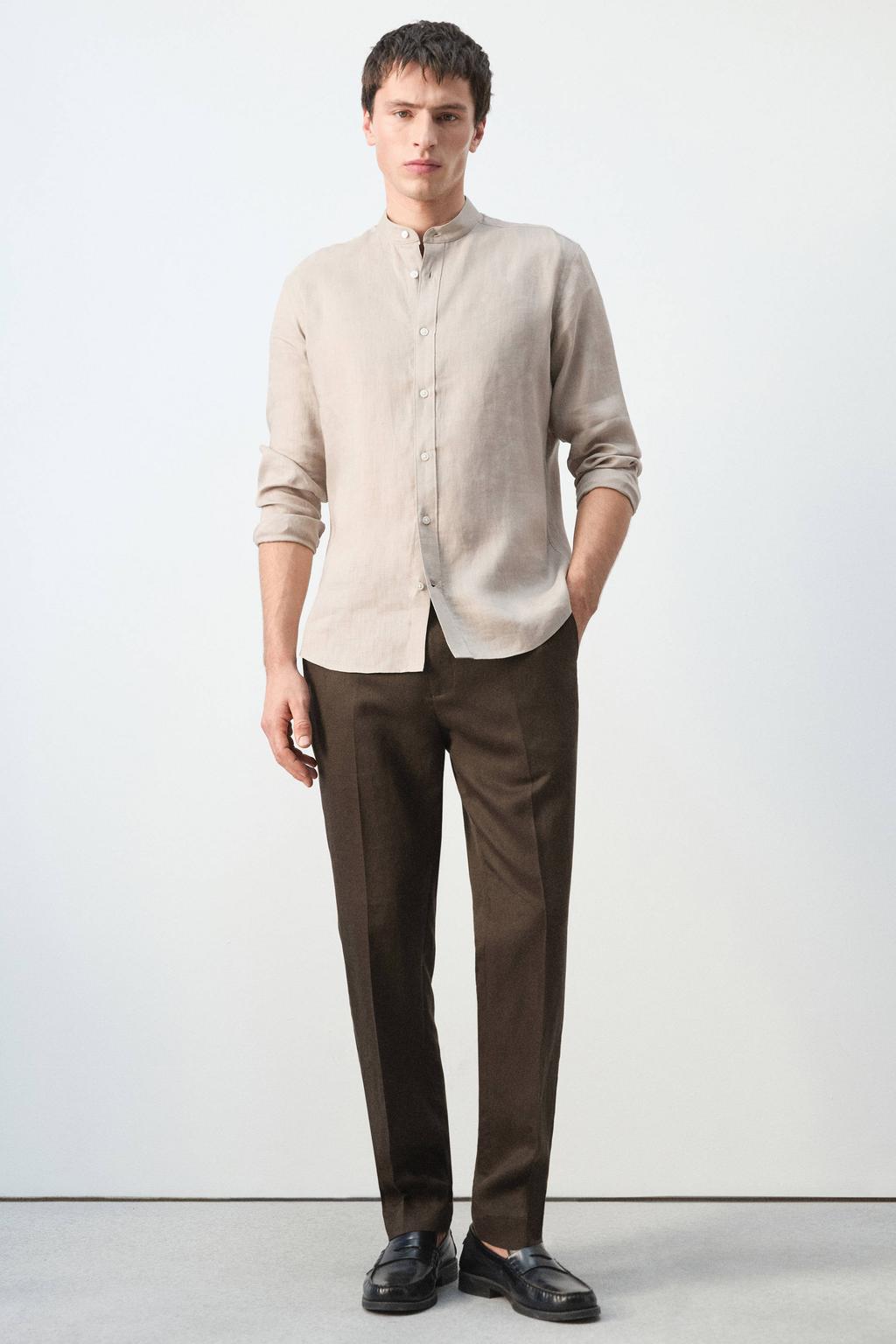 Beige heren Mango Man regular casual overhemd van linnen met effen, lange mouwen, mao kraag en knoopsluiting
